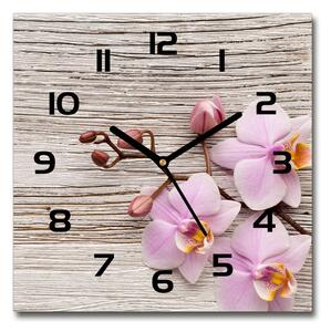 Skleněné hodiny čtverec Orchidej na dřevě pl_zsk_30x30_c-f_62495656
