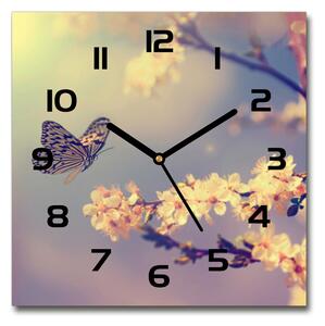 Skleněné hodiny čtverec Květ višně a motýl pl_zsk_30x30_c-f_72331211