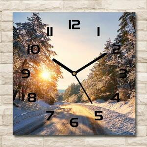 Skleněné hodiny na stěnu Cesta v lese zima pl_zsk_30x30_c-f_77332313