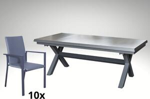 Hliníkový rozkládací stůl Gerardo 205/265cm a 10 stohovatelných polstrovaných křesel Jony