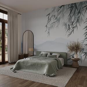Fototapety Bambusové listy visící nad jezerem s horami v pozadí, jemné modré a bílé tóny, styl malby, Fototapety akvarel, w09048 : uwalls.cz