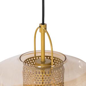 Závěsná lampa zlatá s jantarovým sklem 30 cm podlouhlá 3-světelná - Kevin