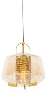 Art deco závěsná lampa zlatá s jantarovým sklem 30 cm - Kevin