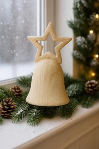 Vánoční zvonek keramický hvězda motiv dřevo 13*7cm 3003280
