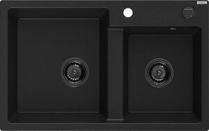 Mexen Tomas, granitový dřez 800x500x190 mm, 2-komorový, černá s černým sifonem, 6516802000-77-B