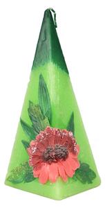Svíčka pyramida zelená s bordó kopretinou 17,5x7x7 cm