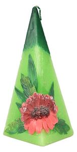 Svíčka pyramida zelená s bordó kopretinou 17,5x7x7 cm