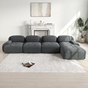 Šedá rohová sedačka pro čtyři osoby, rohová sedačka s chaise longue, bezrámová sedačka potažená látkou, rozměry 388x178x70 cm, vysoce elastická výplň, dodávána bez montáže