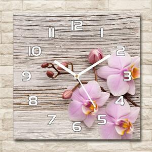 Skleněné hodiny čtverec Orchidej na dřevě pl_zsk_30x30_f_62495656