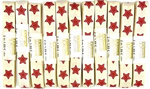 10x Stuha vánoční COTTON RIBBON STARS – NATURAL RED béžová 15mm x 2m (8,-Kč/ks)(4,-Kč/m)
