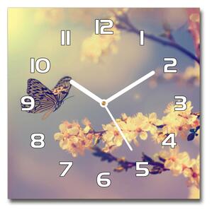 Skleněné hodiny čtverec Květ višně a motýl pl_zsk_30x30_f_72331211