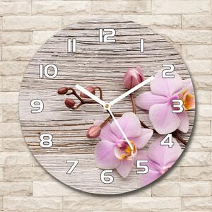 Skleněné hodiny kulaté Orchidej na dřevě pl_zso_30_f_62495656