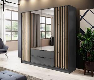 Čtyřdveřová skříň se zrcadlem MARFA - šířka 206 cm, grafit / dub artisan
