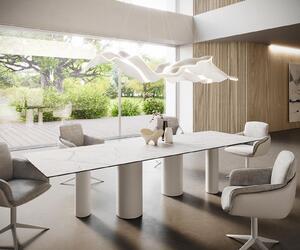 DELIFE Jídelní stůl Edge 300x100 keramika Laminam®Statuarietto bílá pilíř kov bílý