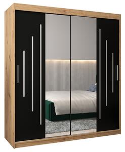 Šatní skříň s posuvnými dveřmi a dvoudílným zrcadlem YORK1 - 180x200cm -Dub Artisan-Černá-