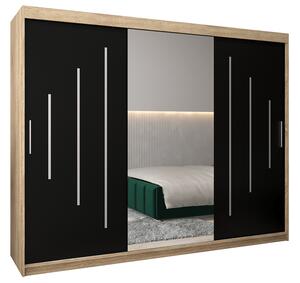 Šatní skříň s posuvnými dveřmi a dvoudílným zrcadlem YORK1 - 250x200cm -Dub Sonoma-Černá-
