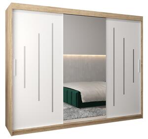 Šatní skříň s posuvnými dveřmi a dvoudílným zrcadlem YORK1 - 250x200cm -Dub Sonoma-Bílá-