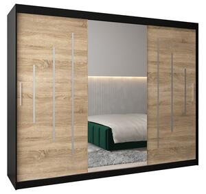 Šatní skříň s posuvnými dveřmi a dvoudílným zrcadlem YORK1 - 250x200cm -Černá-Dub Sonoma-