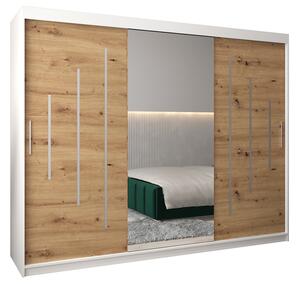 Šatní skříň s posuvnými dveřmi a dvoudílným zrcadlem YORK1 - 250x200cm -Bílá-Dub Artisan-