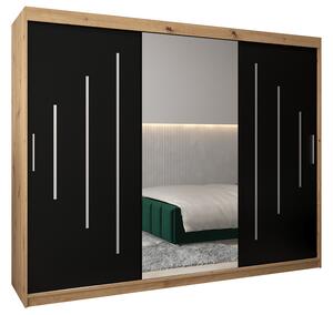 Šatní skříň s posuvnými dveřmi a dvoudílným zrcadlem YORK1 - 250x200cm -Dub Artisan-Černá-
