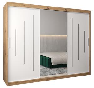 Šatní skříň s posuvnými dveřmi a dvoudílným zrcadlem YORK1 - 250x200cm -Dub Artisan-Bílá-