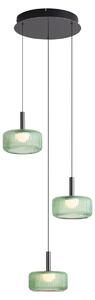 Designové závěsné svítidlo Fiera, kovově šedé se zeleným sklem, 3-světelné, s LED a 3-stupňovým stmíváním