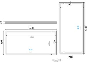 Velké zrcadlo do koupelny 140x70 s osvětlením v tenkém rámu po obvodu, dva dotykové spínače NIMCO ZP 13008VX