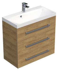 Koupelnová skříňka s chromovými úchyty a umyvadlem SAT Cube Way 80x71x40 cm dub Hickory mat CUBE2803DH