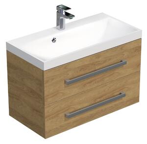 Koupelnová skříňka s chromovými úchyty a umyvadlem SAT Cube Way 80x53x40 cm dub Hickory mat CUBE280ZDH