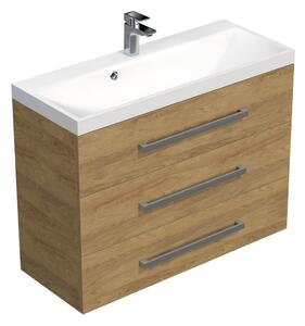 Koupelnová skříňka s chromovými úchyty a umyvadlem SAT Cube Way 100x71x40 cm dub Hickory mat CUBE21003DH