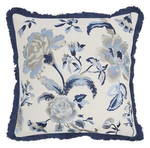 Bílo - modrý polštář s vyšívanými květy a třásněmi Bloom - 50*50 cm