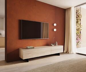 DELIFE TV stolek Cuor 220 cm keramika Laminam® Travertino Bianco krémová bílá 1 výklopná dvířka 2 zásuvky podnož závěsná kov černá