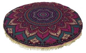 Meditační polštář, kulatý, 80x13cm, fialový, barevná mandala, béžové třásně