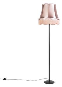 Retro stojací lampa černá s babičkovým stínítkem růžovým 45 cm - Simplo