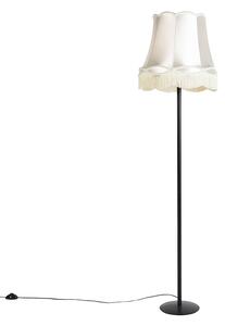 Retro stojací lampa černá s babičkovským stínítkem krémová 45 cm - Simplo