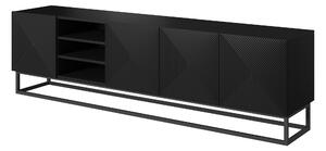TV stolek Asha 200 cm s rýhovaným čelem a výklenkem - černý mat / kovový rám