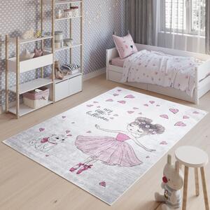Makro Abra Dětský kusový koberec vhodný k praní BAMBINO 2701 Princezna Kočička pogumovaný krémový růžový Rozměr: 120x170 cm