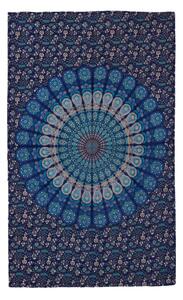 Přehoz na postel modro-zelený "Barmery round Mandala" paví pera, 130x210cm