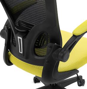 Kancelářská židle, černý plast, žlutá látka, sklápěcí područky, kolečka pro tvrdé podlahy