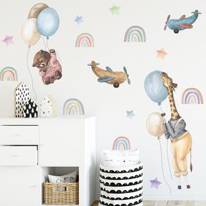 Samolepka na zeď "Zvířátka s balony a duhami" 68x68cm