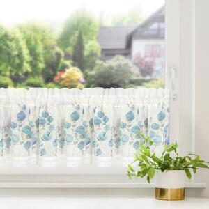 Bílá záclona na pásce POLA s potiskem modrých květů 150x30 cm