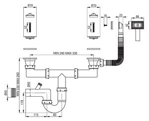 Deante, sifon pro nerezové kuchyňské dřezy 2-komorové, 2" s přepadem v komoře, ZXY_9922