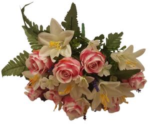 Růže & Lilie kytice bílá & růžová "16" 37cm umělá