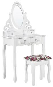 Toaletní stolek, 4 zásuvky, oválné zrcadlo a bílá stolička AMOUR
