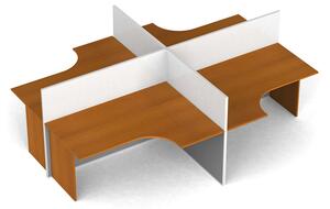 Rohový kancelářský pracovní stůl PRIMO s paravanem, otevřená, magnetická tabule, 4 místa, třešeň