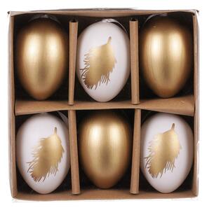 Velikonoční vajíčka zlatá a bílá s peříčkem 6 cm- 6ks