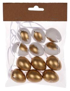 Velikonoční vajíčka na zavěšení zlatá a bílá s peříčkem 4 cm- 12 ks