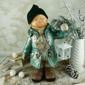 Vánoční figurka dítěte- velký kluk v zeleném kabátku s lucernou, 48 cm