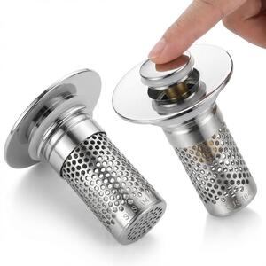 Univerzální uzávěr pro umyvadla o průměru 27–41 mm, vyrobený z nerezové oceli, s sítkem a filtrem na vlasy, automatický (pop-up) uzávěr se silikonovými kroužky