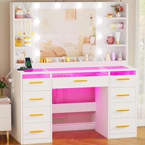 Toaletní stolek se zrcadlem – Úložný prostor na kosmetiku – Nastavitelné LED osvětlení – Rozměry: 105 x 40 x 140 cm – Bílá barva
